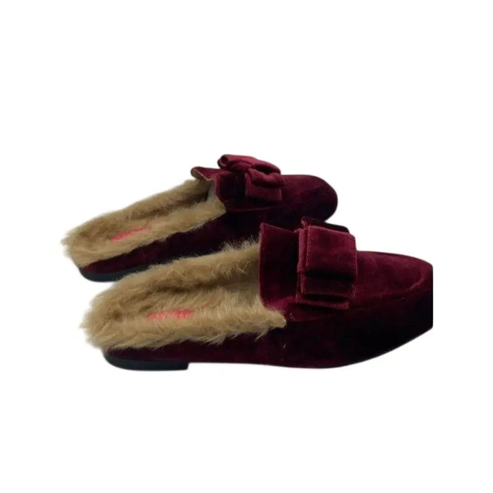 Catherine Malandrino Velvet Faux Fur Bow Mules Wine Sz 9